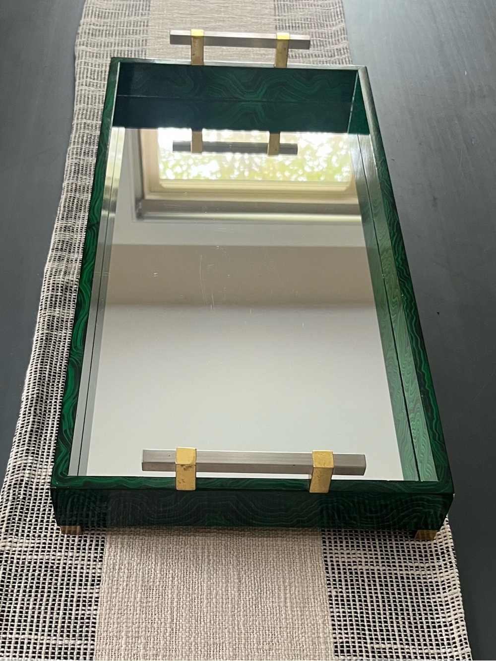 John Richard Emerald Green /black Glass Vanity Tray with Gold/silver  Handles